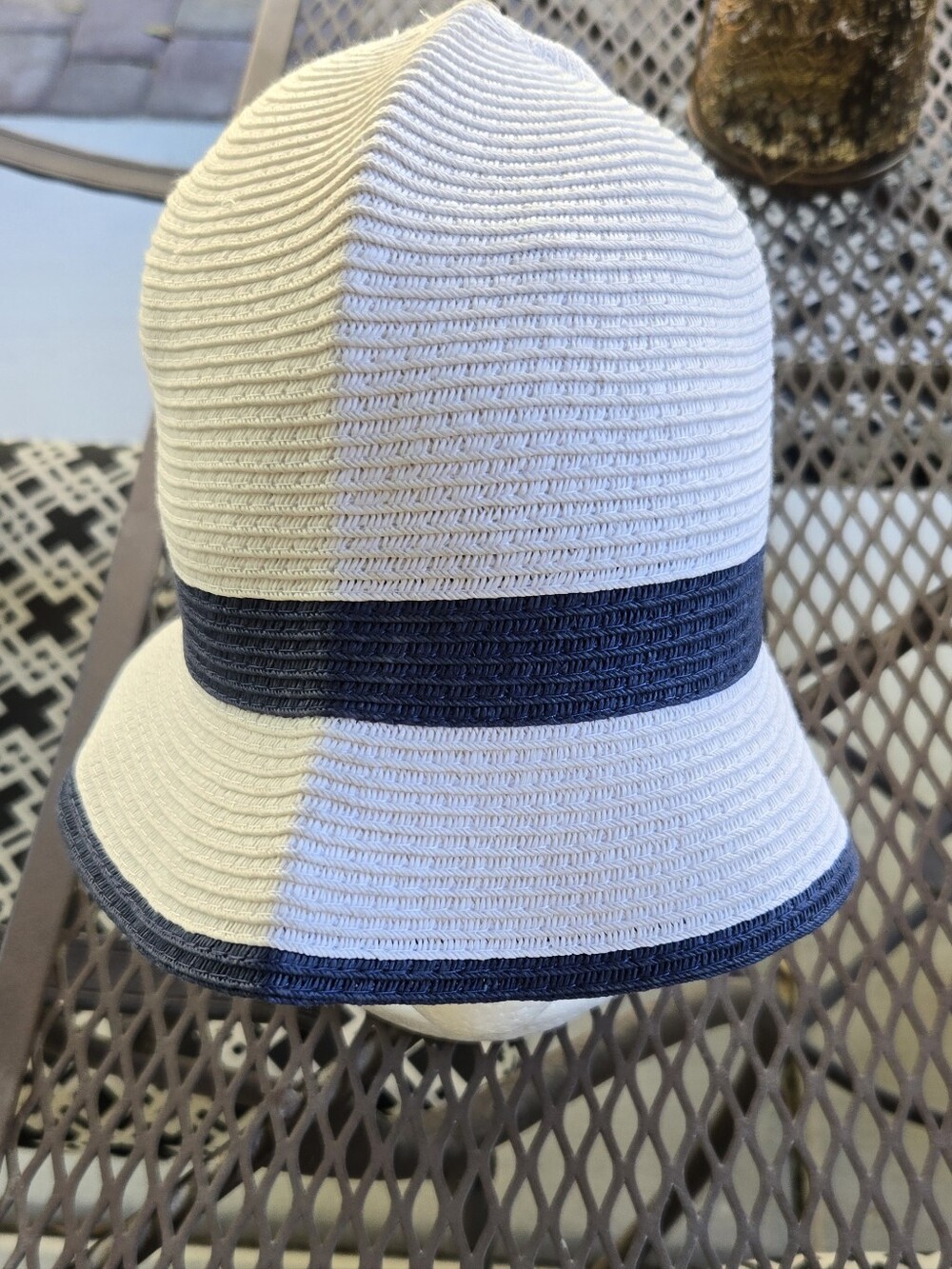 Sunny Dayz White and Navy Straw Cloche Hat